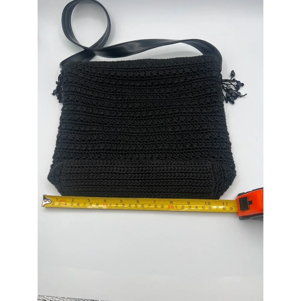 The Sak Black Crochet Knit Shoulder Bag Beaded Fringe Hobo Purse Boho Medium